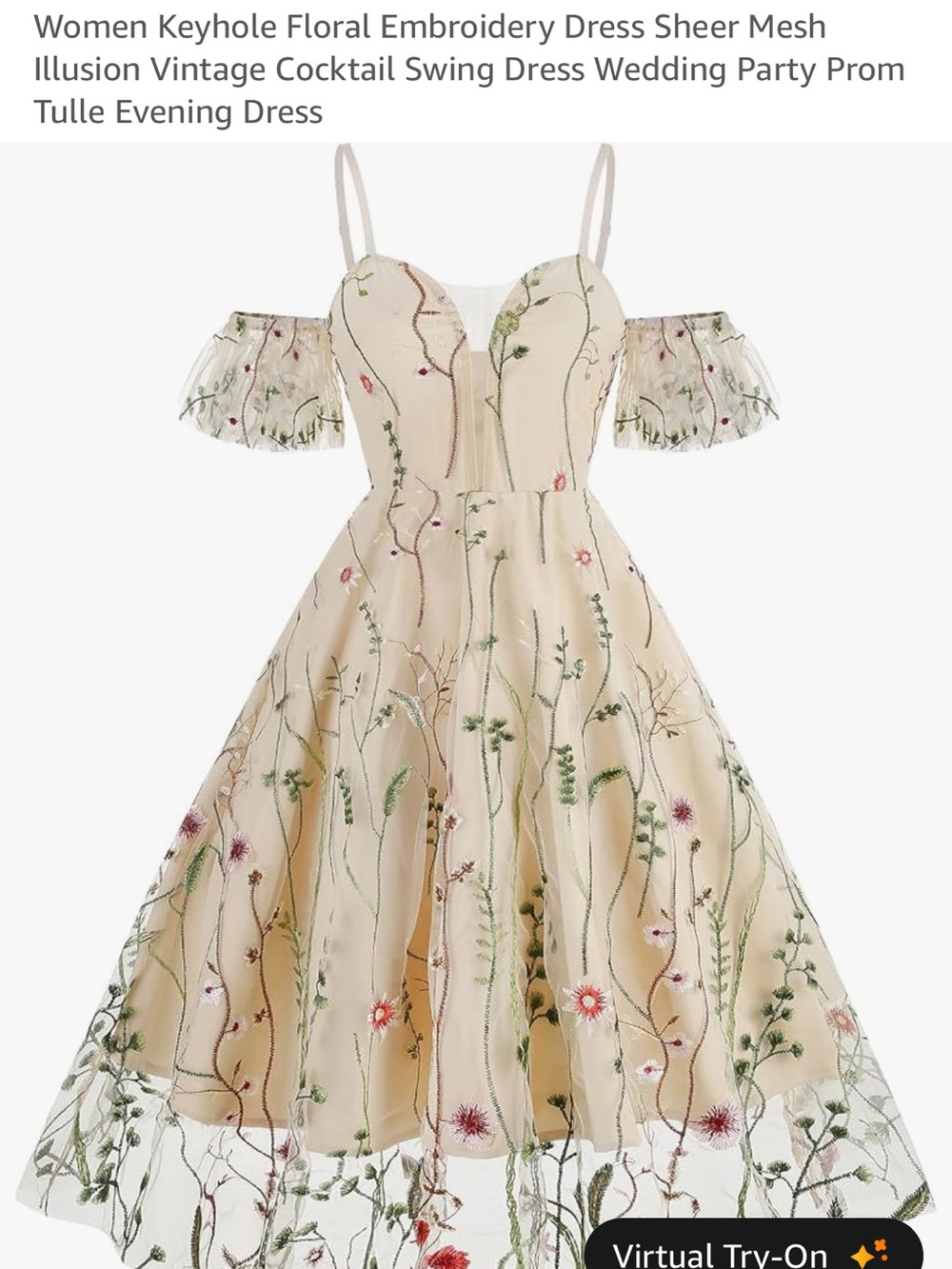 Amazon Cream Floral Embroidered Off-Shoulder Prom Dress